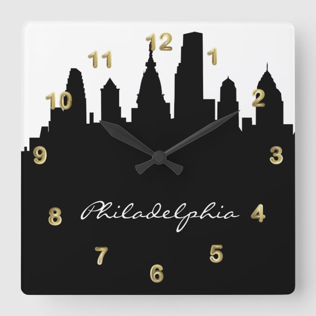 Black and White Philadelphia Skyline Square Wall Clock (Front)