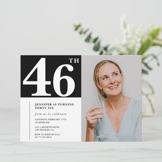 Black and White Photo 46th birthday Invitations  (Standing Front)