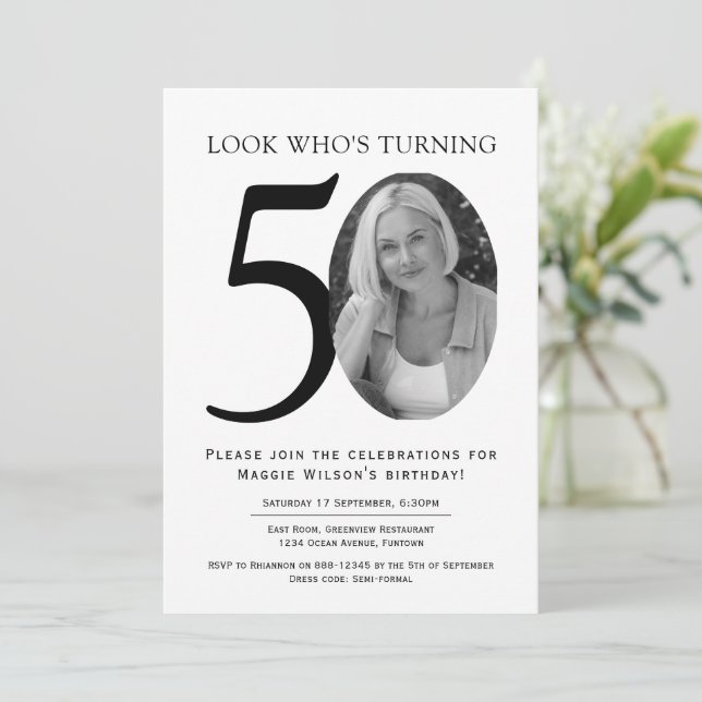 Black and White Photo 50th Birthday Invitation (Standing Front)