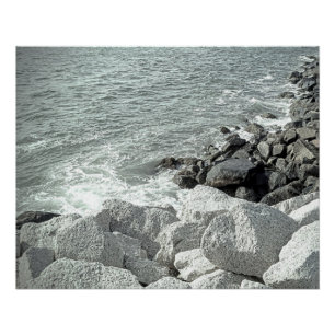 Black and White Photo a Rocky Ocean Shore Poster