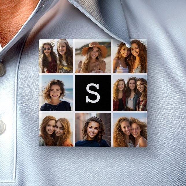 Black and White Photo Collage Custom Monogram 2 Inch Square Button (Custom Photo Button)