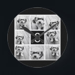 Black and White Photo Collage Custom Monogram Round Clock<br><div class="desc">Add 8 photos and custom text to make a unique keepsake for your wall. The art includes 8 pictures surrounding a text box where you can add a monogram or other text.</div>