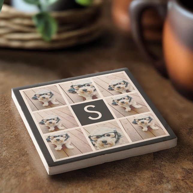 Black and White Photo Collage Custom Monogram Stone Coaster (Custom Stone Coaster)