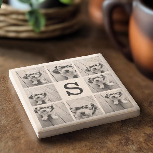 Black and White Photo Collage Custom Monogram Stone Coaster