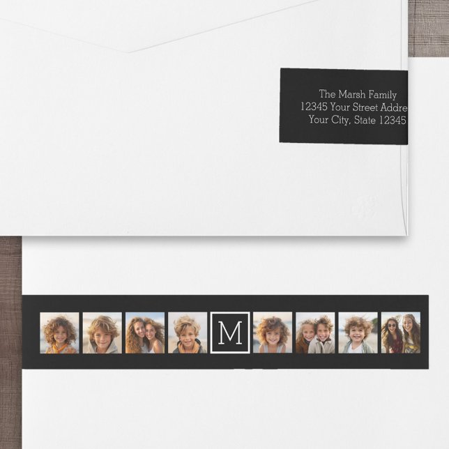 Black and White Photo Collage Custom Monogram Wraparound Address Label (Custom Return Address Label with Wrap Around Feature)