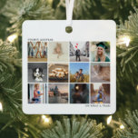 Black and White Photo Collage Family Christmas Metal Ornament<br><div class="desc">Modern "Year in Review" Christmas ornament featuring twelve square photos in a simple collage. At the top left is the year spelled out and at the bottom right is the message, "Oh What a Year!". The backside has a template for you to add your personalized message in black over a...</div>
