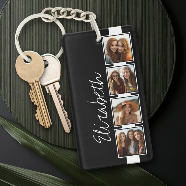 Black and White Photo Collage Squares Personalized Keychain (Personalized Keychain - add a monogram or name)