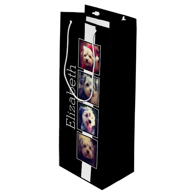 Black and White Photo Collage Squares Personalized Wine Gift Bag (Front Angled)