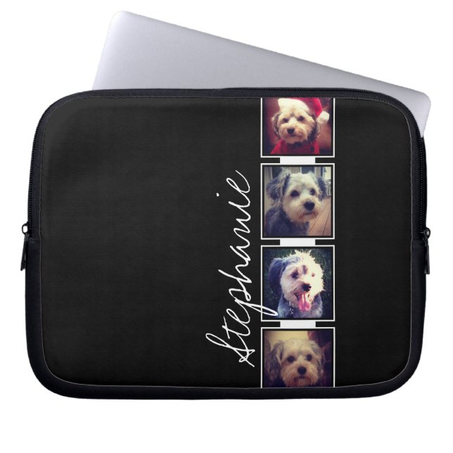 Black and White Photo Collage Squares with name Laptop Sleeve (Front)