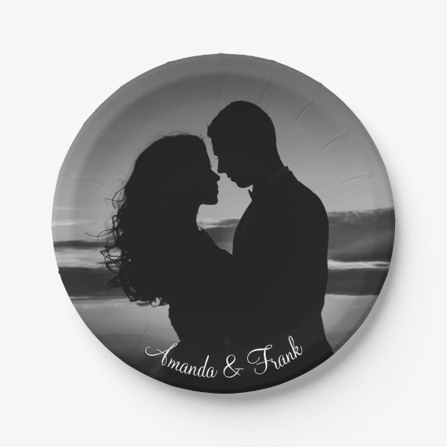 Black and White Photo Engagement Paper Plate (Front)