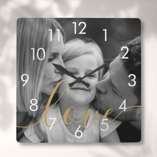 Black and White Photo Gold Script Love Square Wall Clock