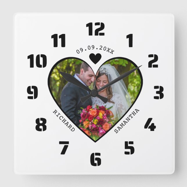 Black And White Photo In Heart Wedding Anniversary Square Wall Clock (Front)