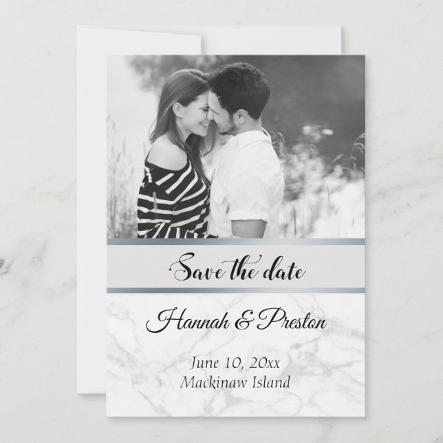 Black and White Photo Marble Save the Date (Front)