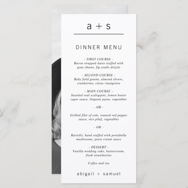 Black and White Photo Minimalist Monogram Wedding Menu (Front/Back)