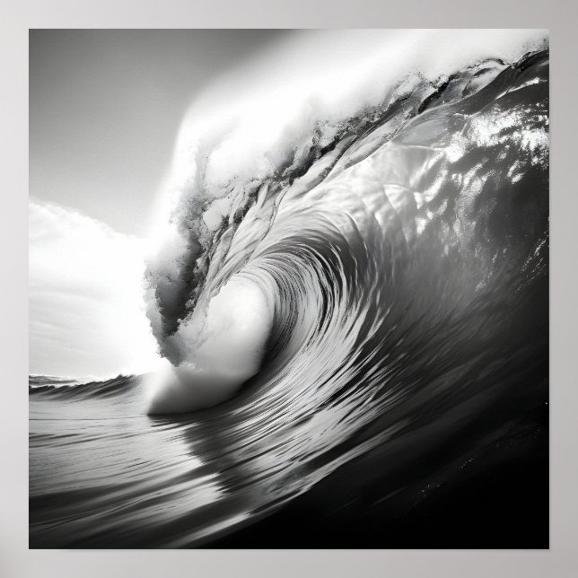 Black and white photo of a breaking ocean wave poster (Front)