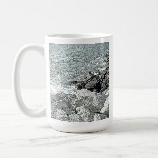 Black and White Photo of a Rocky Ocean Shore Coffee Mug (Left)