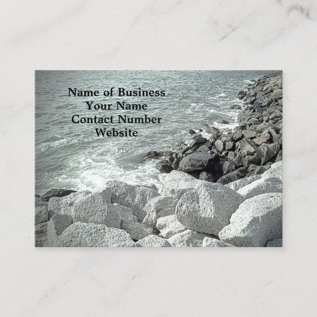 Black and White Photo of a Rocky Ocean Shore Grey Business Card (Front)