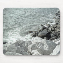 Black and White Photo of a Rocky Ocean Shore