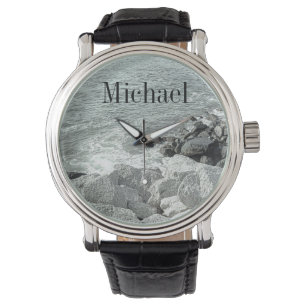 Black and White Photo of a Rocky Ocean Shore Name Watch