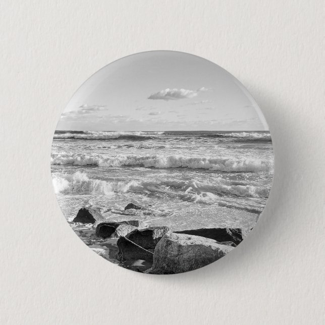 Black and White Photo of Atlantic Ocean Waves 2 Inch Round Button (Front)
