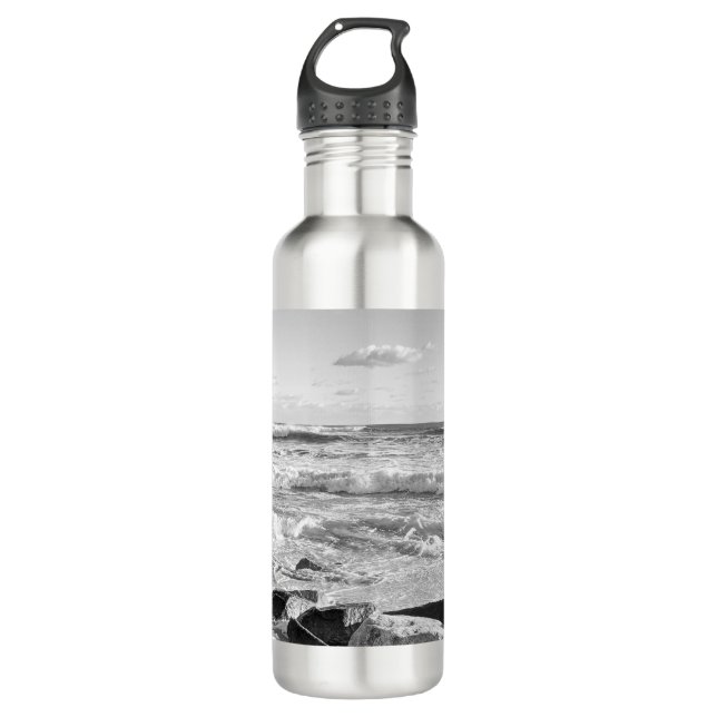Black and White Photo of Atlantic Ocean Waves 710 Ml Water Bottle (Front)
