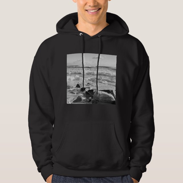 Black and White Photo of Atlantic Ocean Waves Hoodie (Front)