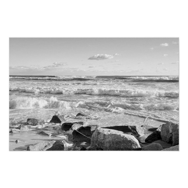 Black and White Photo of Atlantic Ocean Waves Poster (Front)