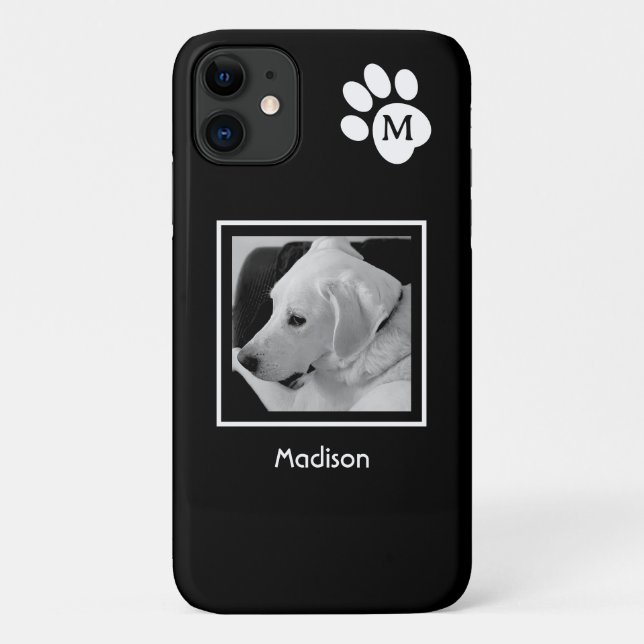 Black and White Photo of Cute Dog and Paw Initial Case-Mate iPhone Case (Back)