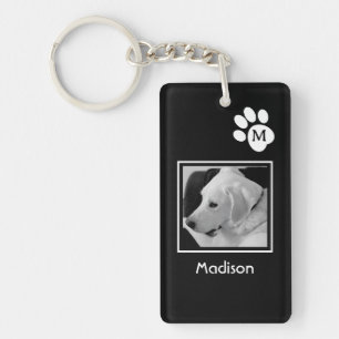 Black and White Photo of Cute Dog and Paw Initial Keychain