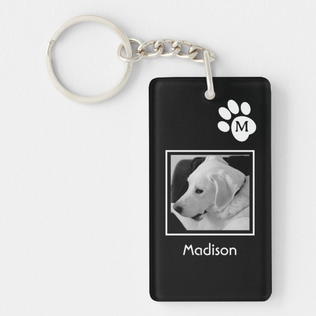 Black and White Photo of Cute Dog and Paw Initial Keychain (Front)