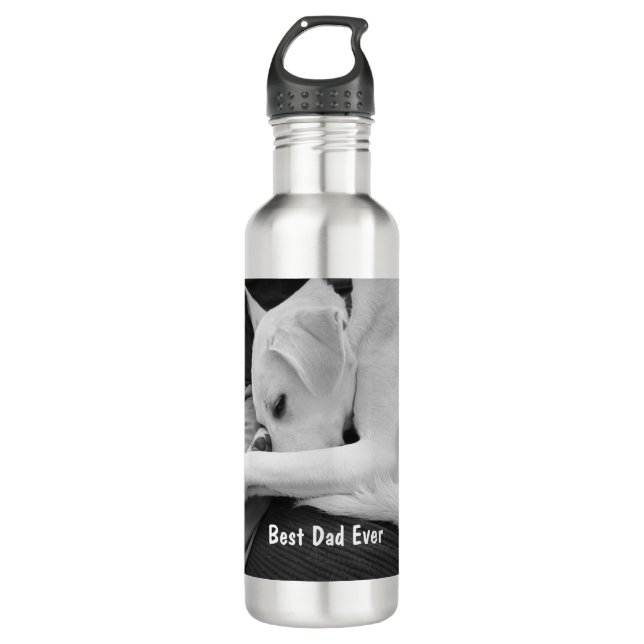 Black and White Photo of Cute Dog Resting with Dad 710 Ml Water Bottle (Front)