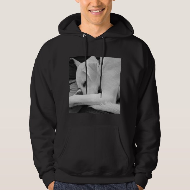 Black and White Photo of Cute Dog Resting with Dad Hoodie (Front)