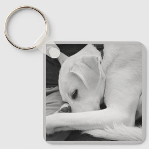Black and White Photo of Cute Dog Resting with Dad Keychain