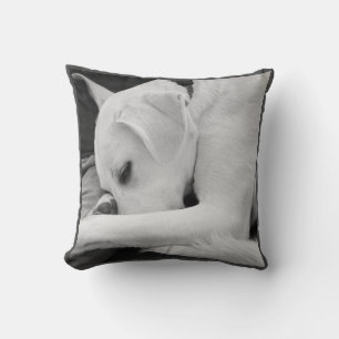 Black and White Photo of Cute Dog Resting with Dad Throw Pillow