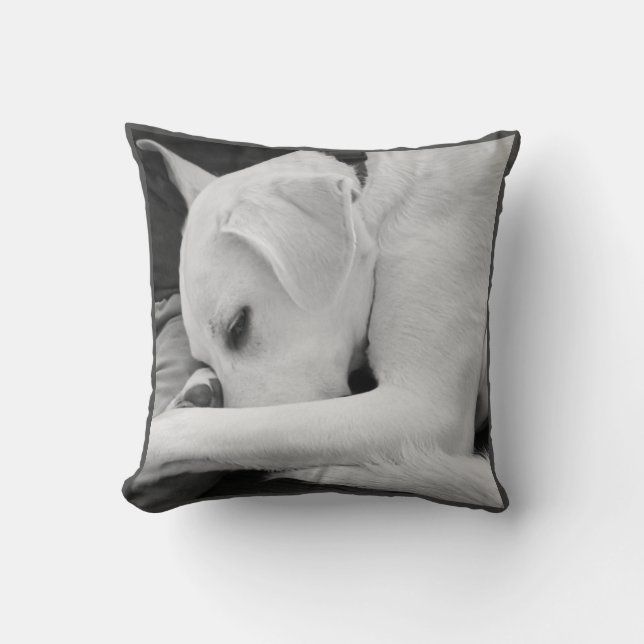 Black and White Photo of Cute Dog Resting with Dad Throw Pillow (Front)