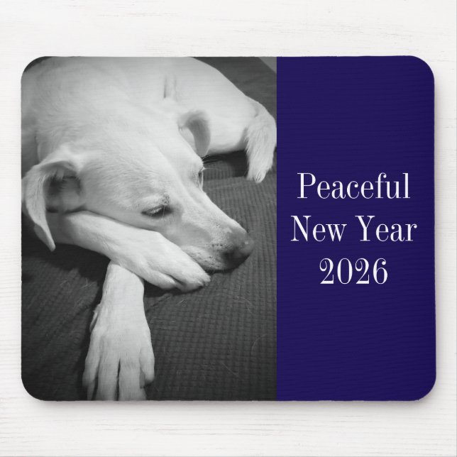 Black and White Photo of Dog Sleeping New Year Mouse Pad (Front)