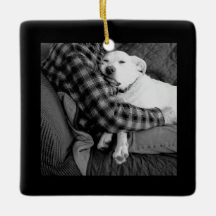 Black and White Photo of Dog Snuggling with Dad Ceramic Ornament