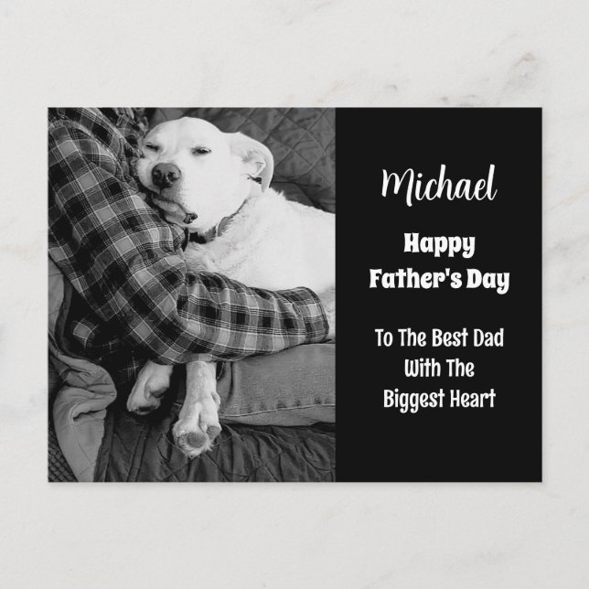 Black and White Photo of Dog Snuggling with Dad Holiday Postcard (Front)