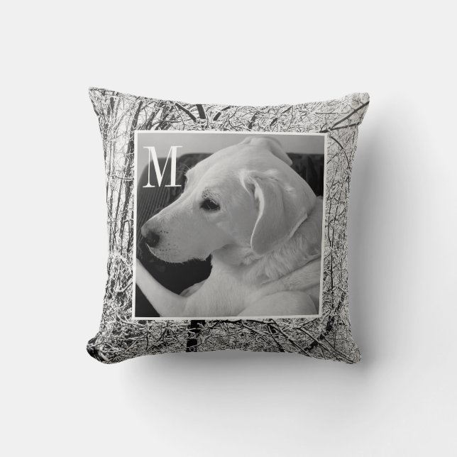 Black and White Photo of Dog Winter Scene Initial Throw Pillow (Front)