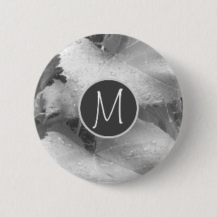 Black and White Photo of Grape Leaves Initial Gray 2 Inch Round Button
