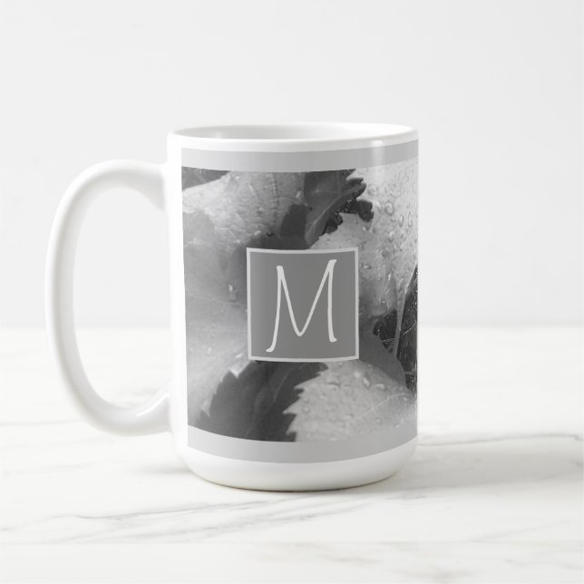 Black and White Photo of Grape Leaves Initial Grey Coffee Mug (Left)