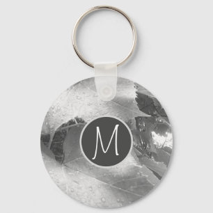 Black and White Photo of Grape Leaves Initial Grey Keychain