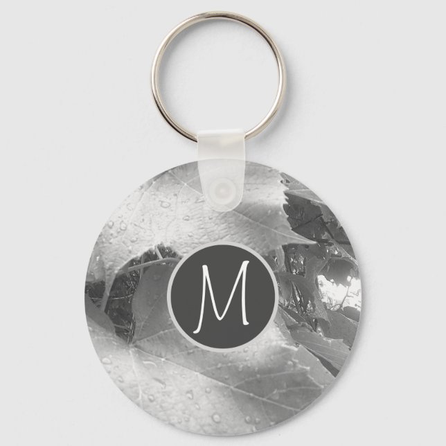 Black and White Photo of Grape Leaves Initial Grey Keychain (Front)