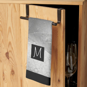 Black and White Photo of Grape Leaves Initial Grey Kitchen Towel