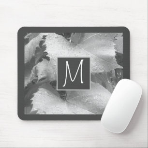 Black and White Photo of Grape Leaves Initial Grey Mouse Pad
