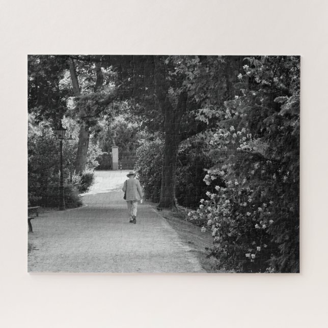 Black and white photo of old man at park jigsaw puzzle (Horizontal)