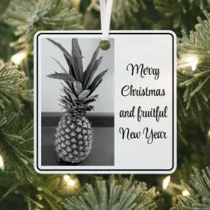 Black and White Photo of Pineapple Christmas Metal Ornament
