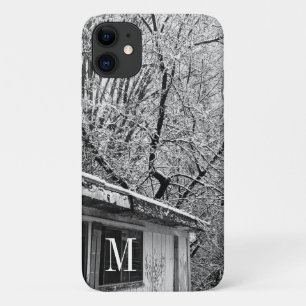 Black and White Photo of Rustic Snowy Winter Scene iPhone 11 Case