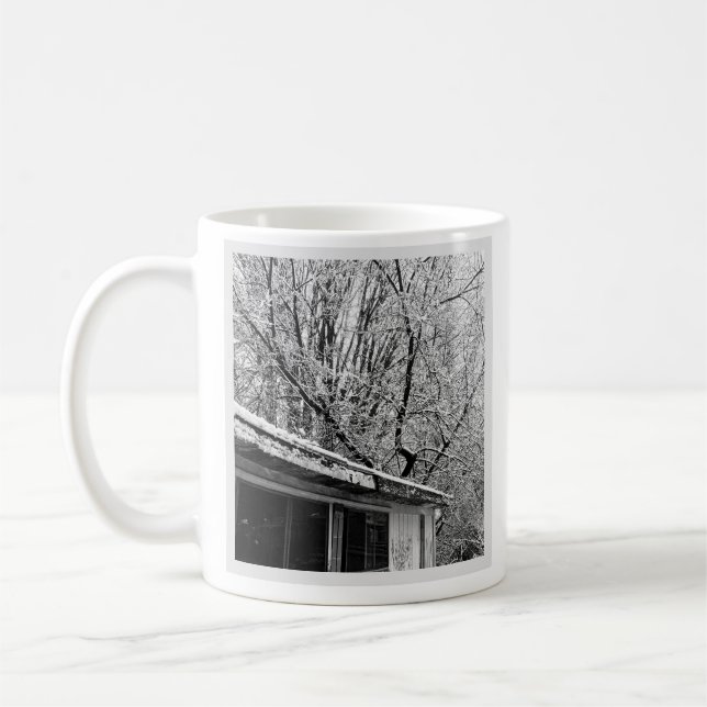 Black and White Photo of Rustic Snowy Winter Scene Coffee Mug (Left)
