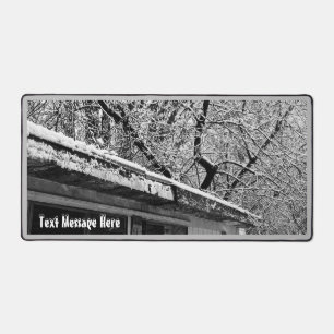 Black and White Photo of Rustic Snowy Winter Scene Desk Mat